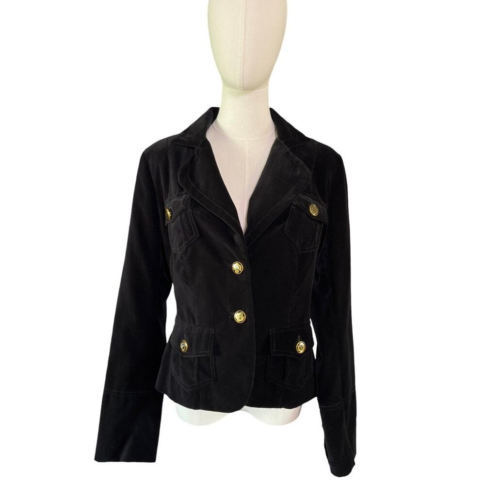 Twentyone Black Velvet Blazer Gold Crest Buttons Women’s Size L Elegant Jacket